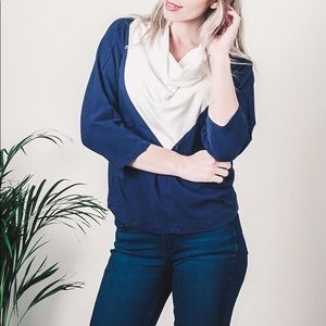 Navy and white cowl neck top